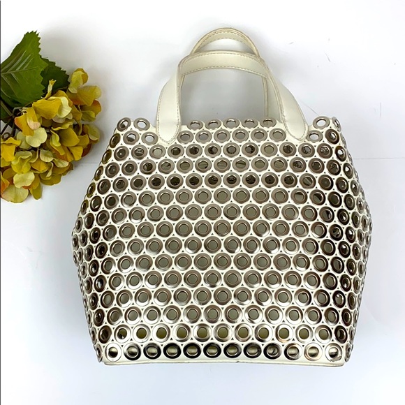 Metallic circle purse in Off white vegan leather